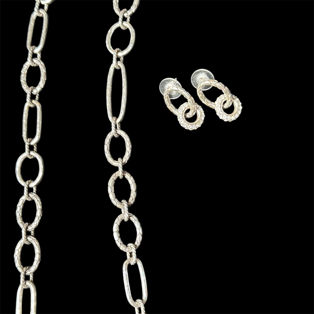 Brighton Silver Long Link Necklace Drop Earrings Set Textured Oval Links Retired - Picture 9 of 14